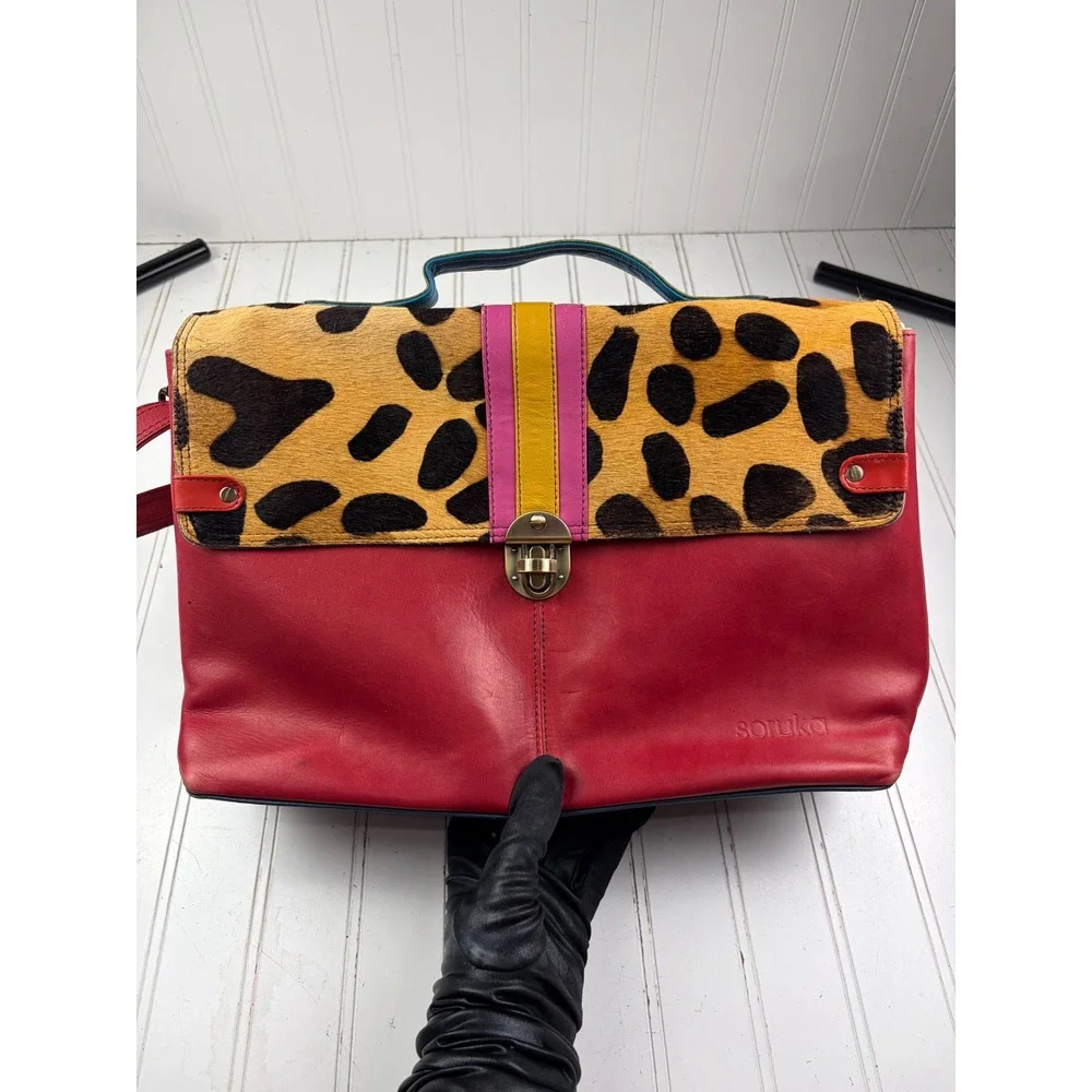 Soruka Oreleans Vintage Y2K Red Leather Leopard Print Crossbody Satchel Bag $170